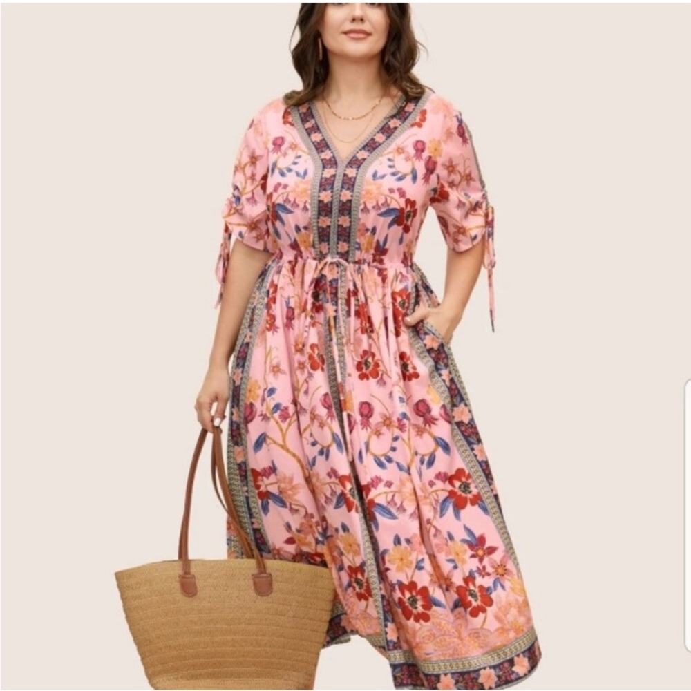 BloomChic Blush Pink Floral Maxi Dress with Navy Trim